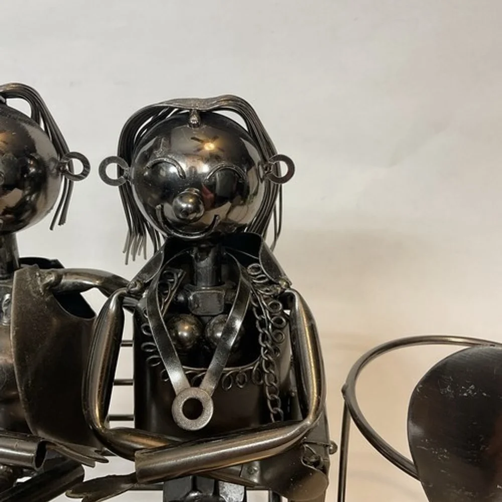 VTG Metal Statue Love Couple On‎ The Bench Wine Bottle/Candle Holder 8